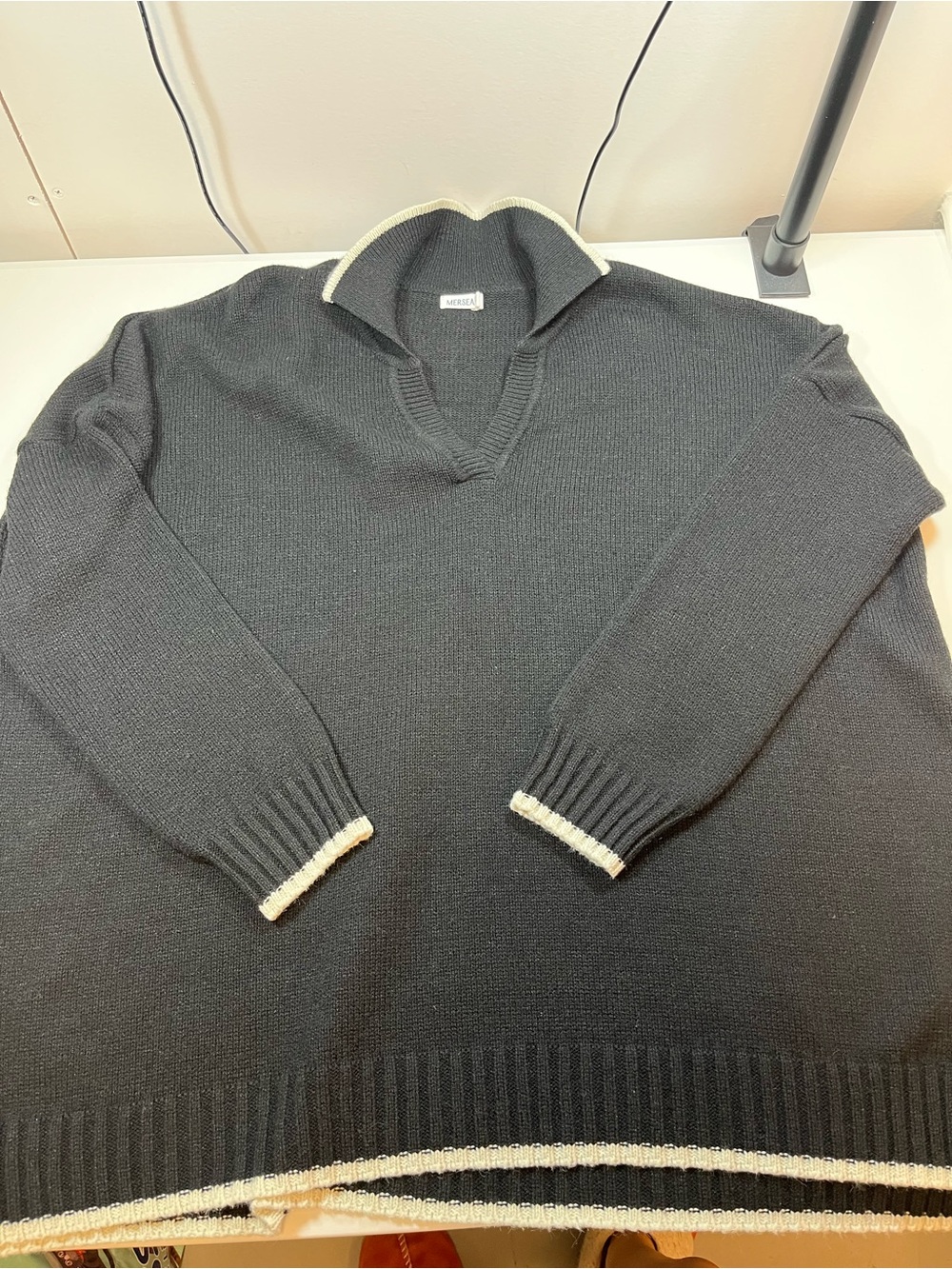 MERSEA Black Cream Contrast Trim Collared Sweater One Size